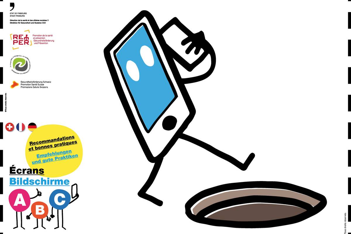 Illustration de la première page du dépliant de recommandation "écrans ABC" français-allemand